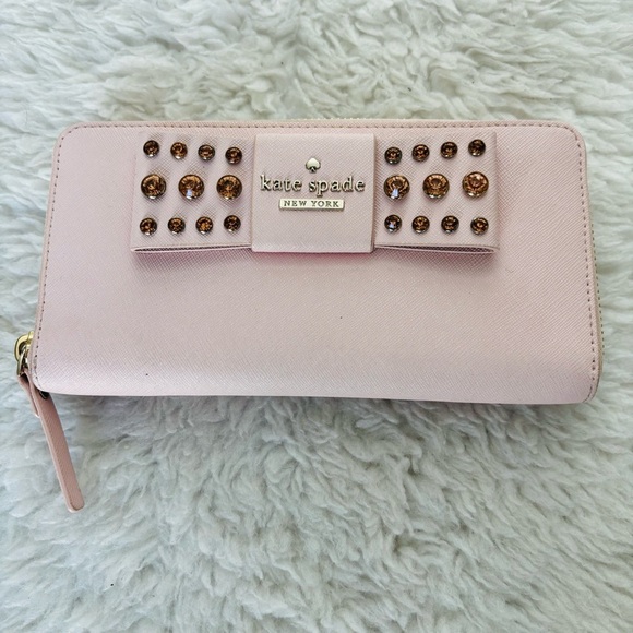 Kate Spade Pink Leather w/ Bow w/ Rhinestone zip around Long Wallet - Picture 15 of 16